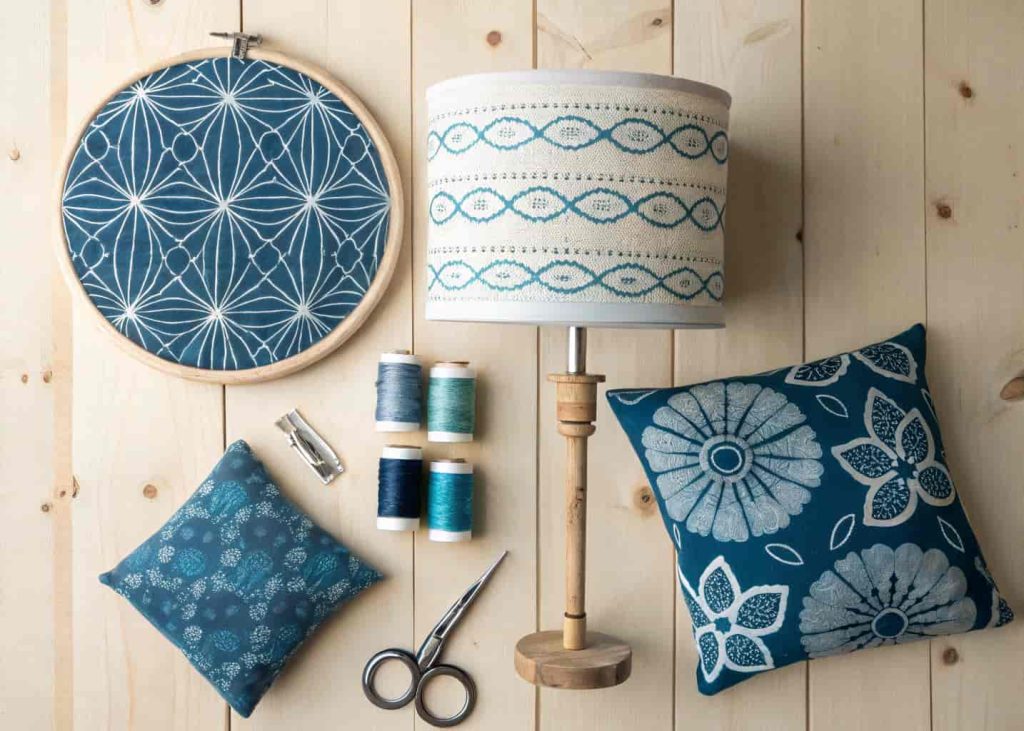 DIY Adire fabric decor flatlay showing embroidery hoop art, lampshade and patchwork cushion cover projects on wooden surface