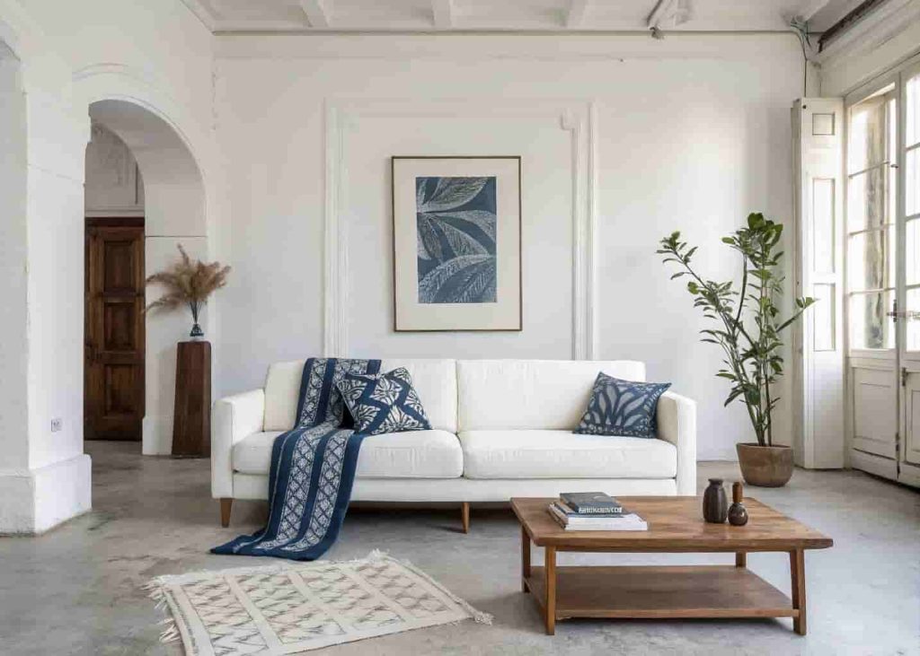 Minimalist white apartment with single Adire indigo throw and framed Adire artwork as intentional statement accents