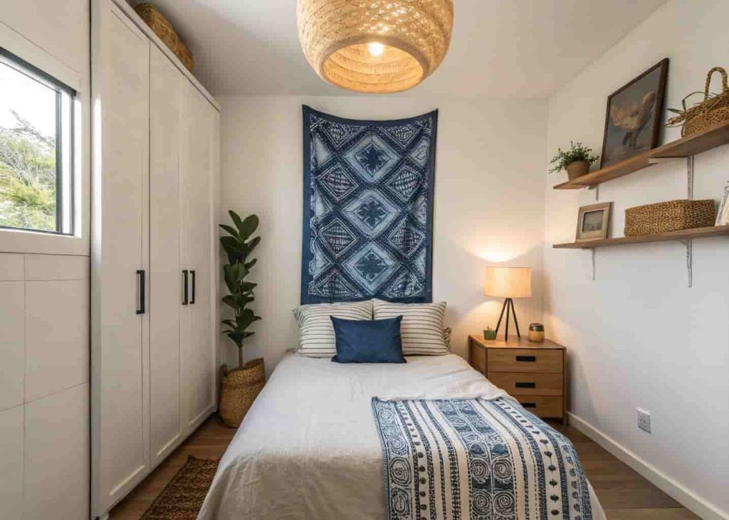 Small studio bedroom with single Adire wall hanging as focal point and neutral bedding in compact Afrobohemian styling