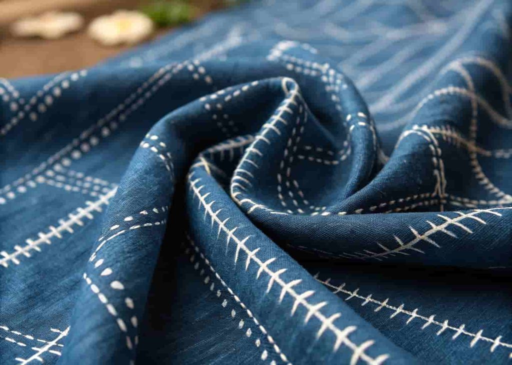 Close-up of handmade Adire anka fabric showing artisan stitch marks and organic resist-dye indigo pattern in natural light