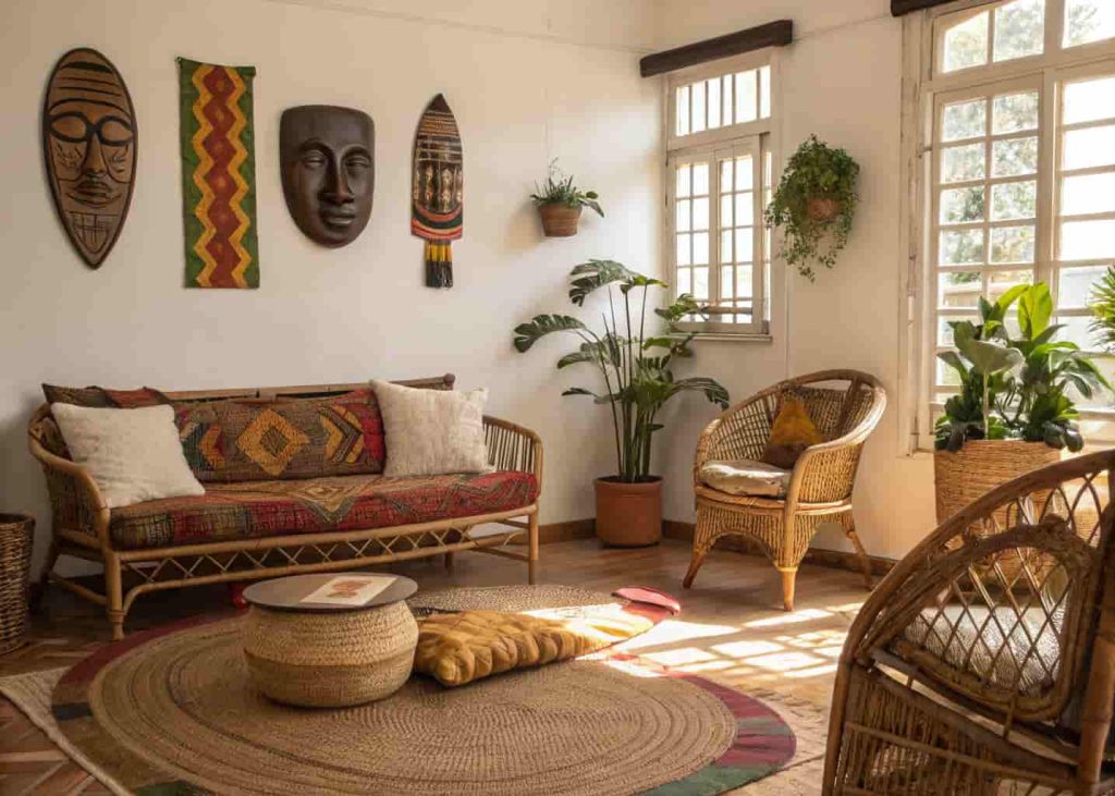 Cozy Afrobohemian living room featuring African textiles, wooden decor, rattan furniture, and warm natural lighting