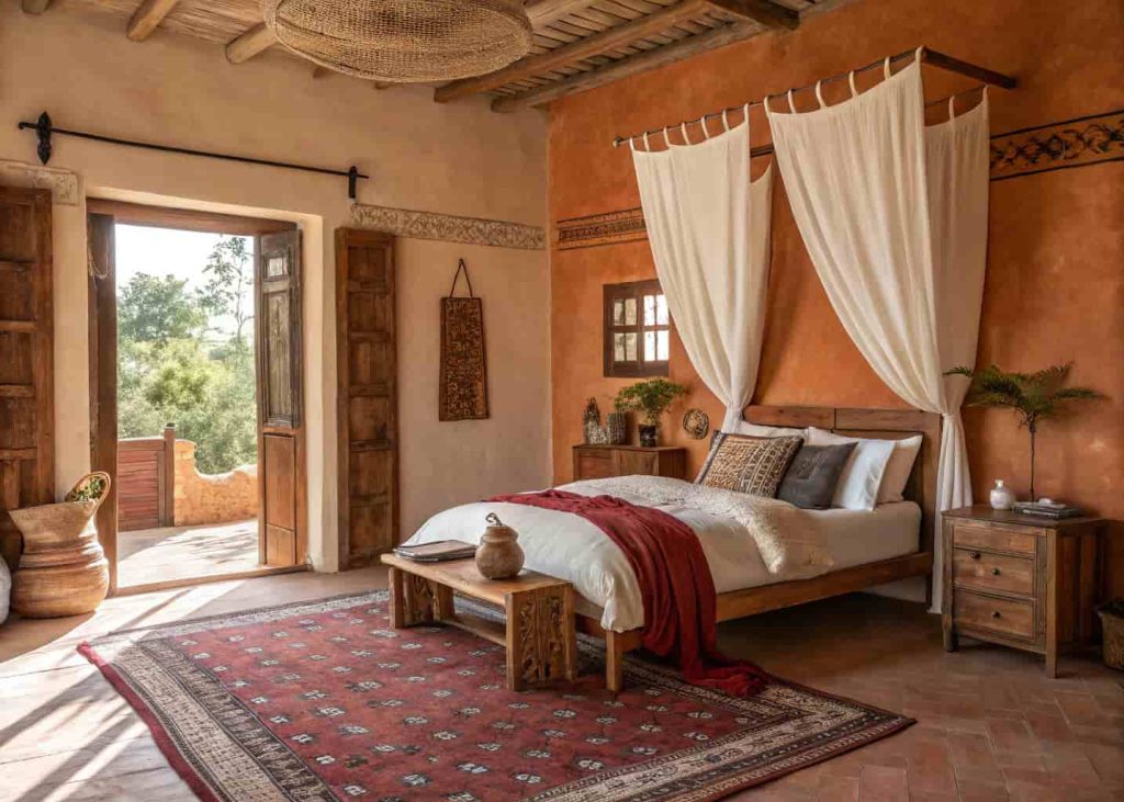 Bedroom with earthy terracotta walls, cream textiles, and warm wood tones in Afrobohemian style