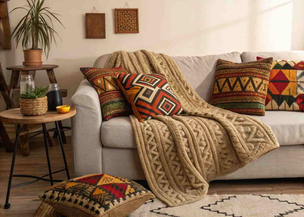Sofa layered with mud cloth throw, kente pillows, and chunky knit blanket in warm earthy tones