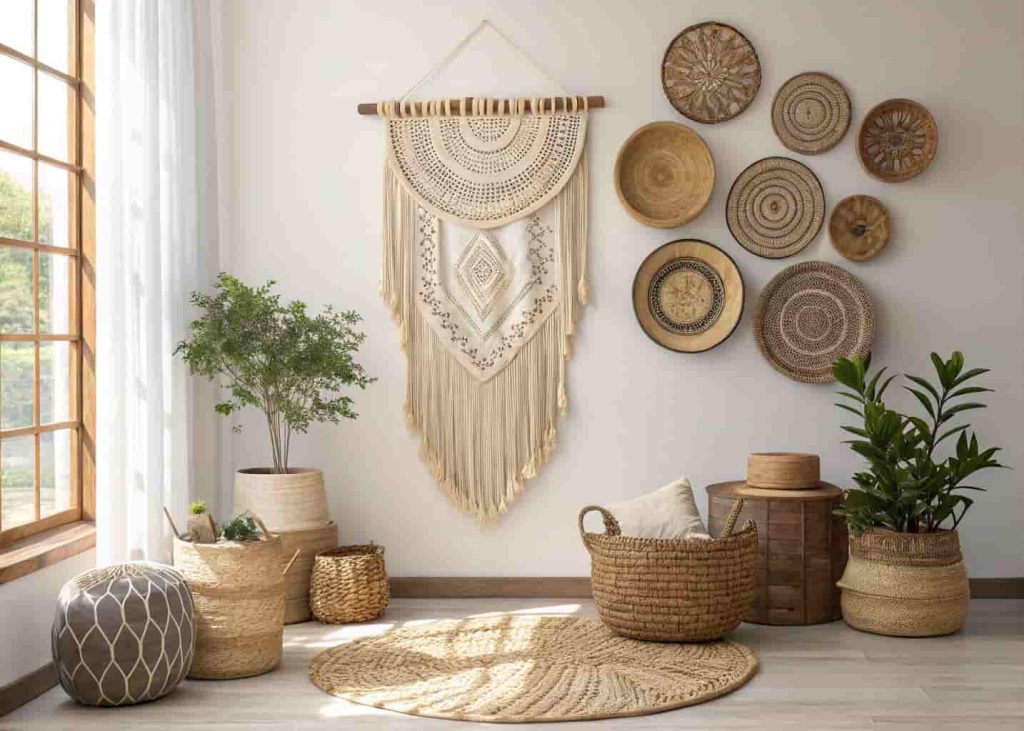 Afrobohemian wall display with macramé, woven raffia panels, and decorative baskets arranged artfully