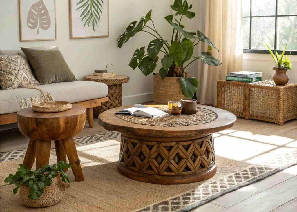 Afrobohemian living room corner with a raw-edge wooden coffee table, hand-carved wooden stools, a woven rug, and a trailing pothos plant — warm natural light, interior design photography