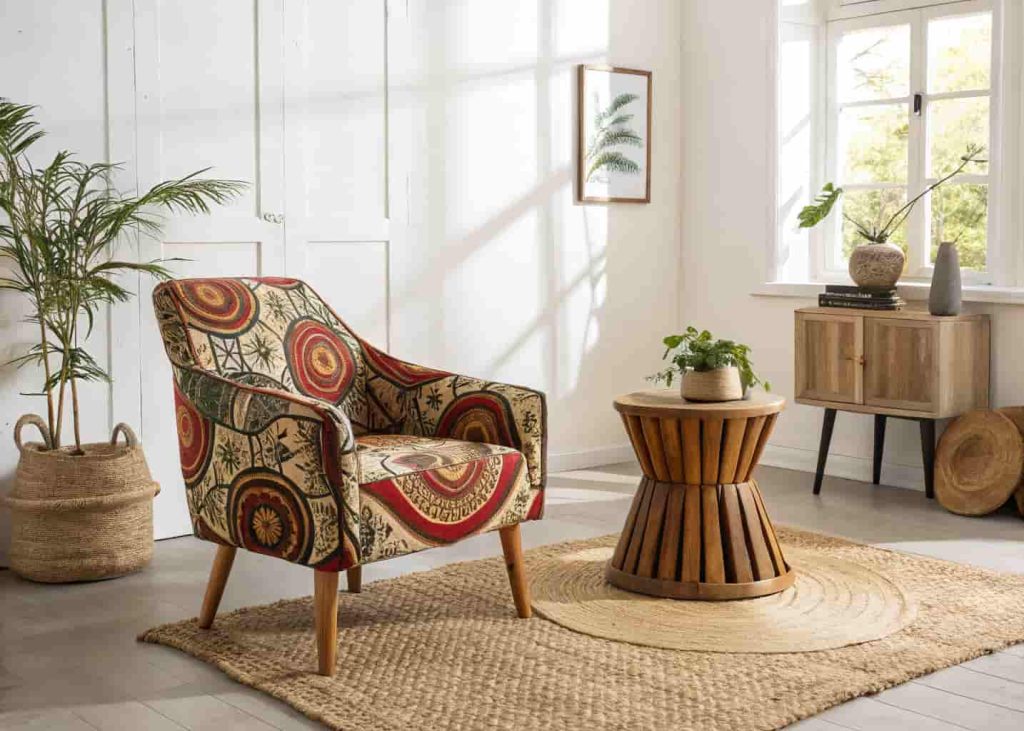 Neutral Afrobohemian living room with a single bold ankara-print accent chair, wooden side table, earthy rug, and minimal plant styling — bright natural light, editorial interiors photography