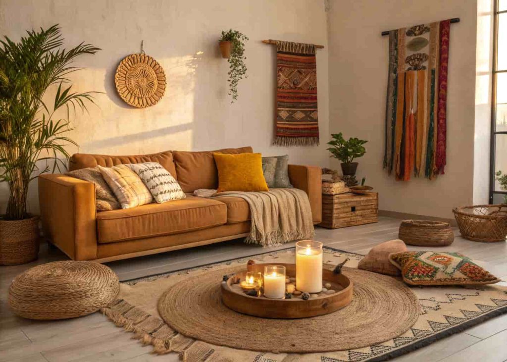 Cozy Afrobohemian living room with layered rugs, floor cushions, candles, and textile wall art