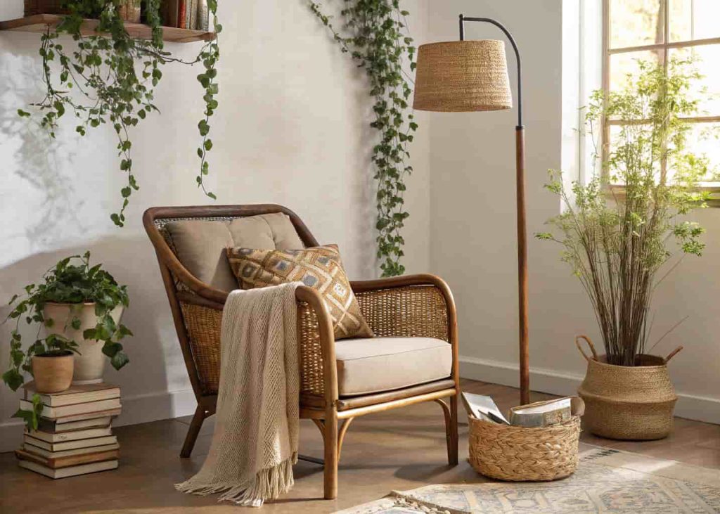 Rattan and cane reading corner in Afrobohemian style with plants, woven baskets, and earthy cushions