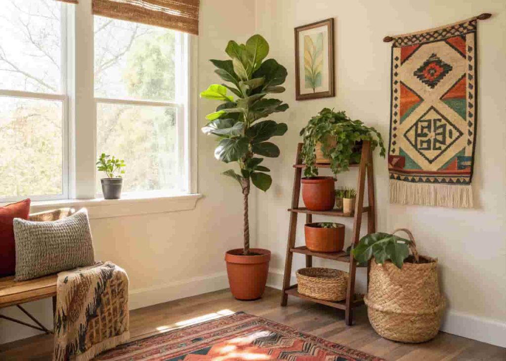 Cluster of indoor plants in terracotta pots and woven baskets styled in an Afrobohemian room corner