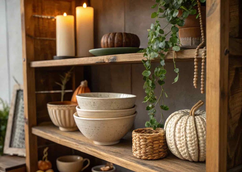 Afrobohemian shelf styled with handmade ceramic bowls, beaded gourd, clay candle holders, and a small plant