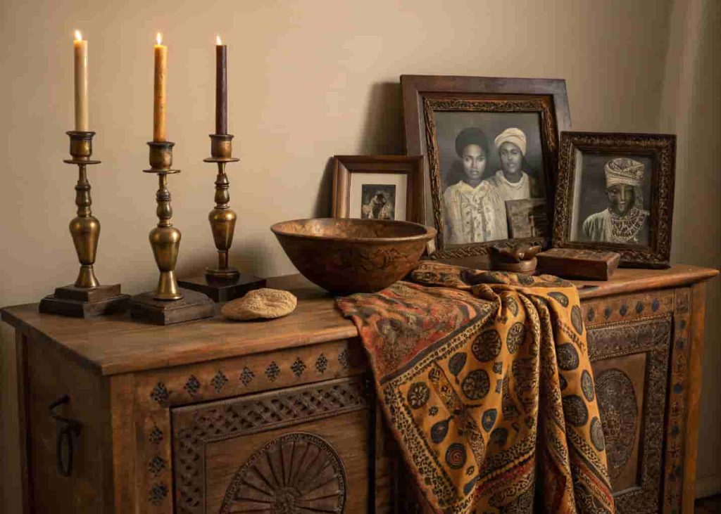 Vintage Afrobohemian sideboard display with brass candlesticks, carved wooden bowl, and antique African print textile