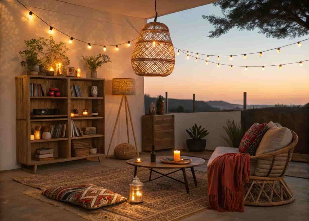 Afrobohemian living room at dusk with a rattan pendant light glowing warmly, Edison string lights along a bookshelf, clay candle holders scattered on a coffee table, and a floor lamp in the corner — golden warm ambience, lifestyle photography