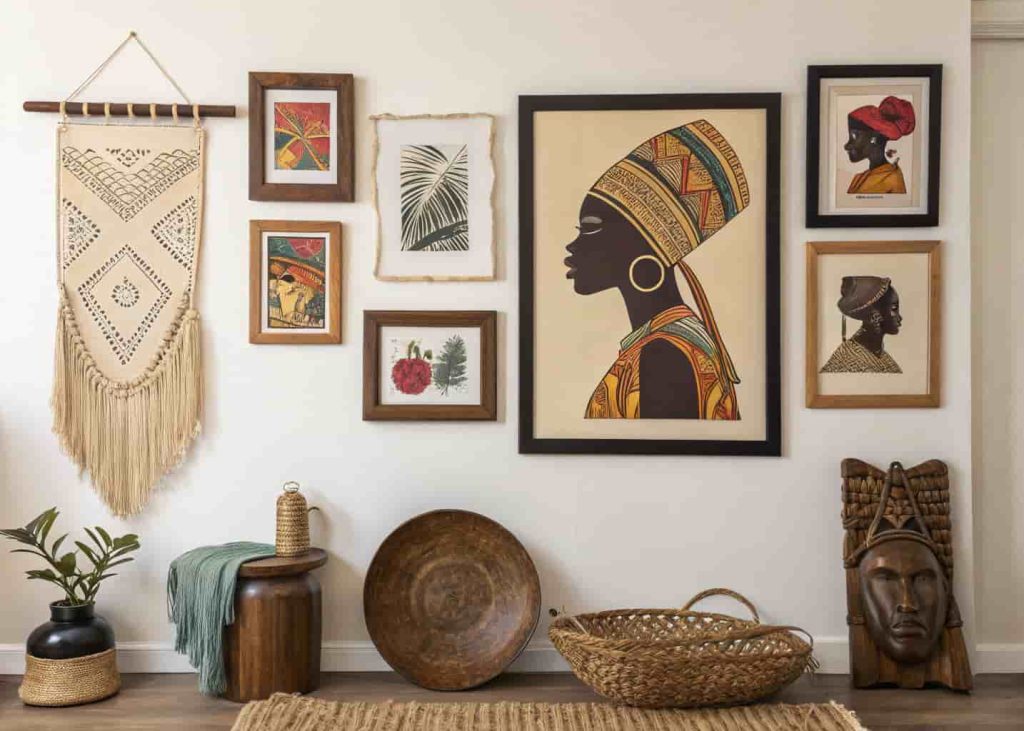 Afrobohemian gallery wall mixing framed African art prints, woven pieces, and a carved wooden mask