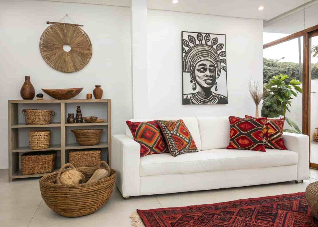Modern white living room blending contemporary furniture with traditional African print cushions and carved wooden decor