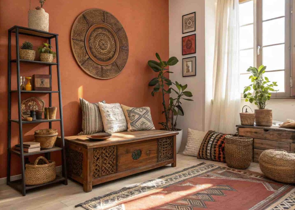 Small Afrobohemian studio apartment with terracotta accent wall, wooden storage chest, wall baskets, and layered cushions