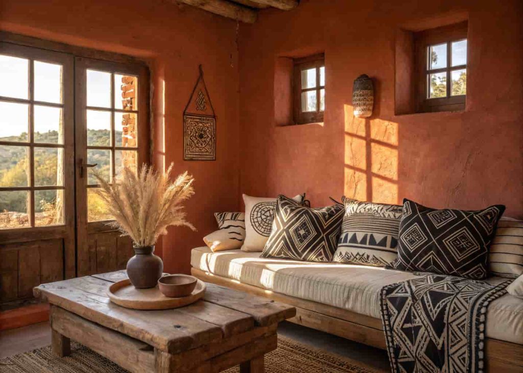 A warm terracotta living room featuring African mud-cloth pillows, rustic wooden furniture, and soft golden light creating a rich Afrohemian atmosphere.