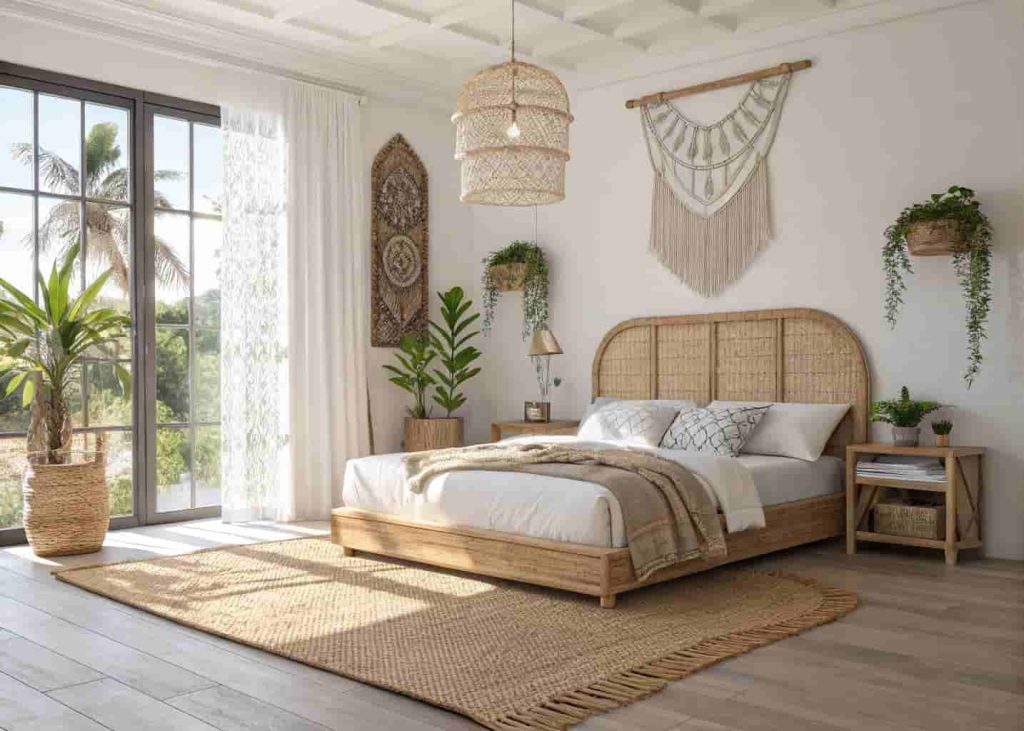 A sunlit bedroom with a woven rattan headboard, jute rug, macrame wall art, and lush green plants in an Afrohemian natural fiber style.