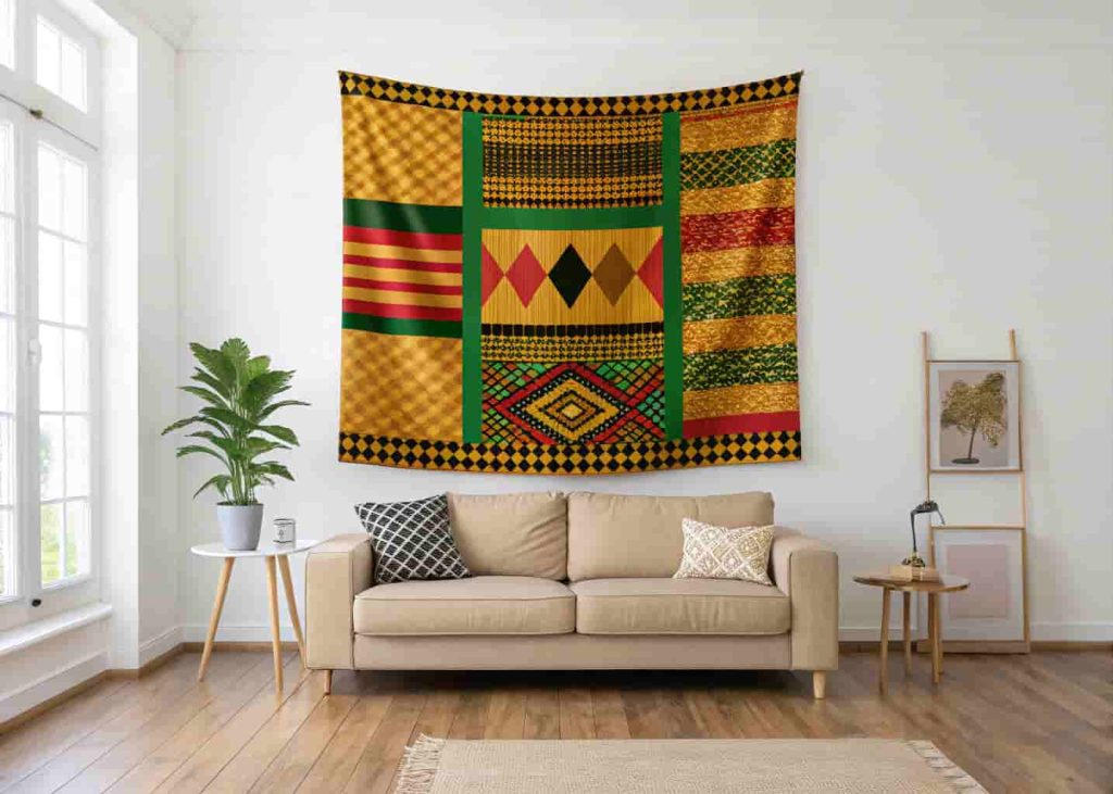 A clean white living room with a colorful Kente cloth tapestry as a bold wall statement piece, paired with a neutral sofa and wooden floors.