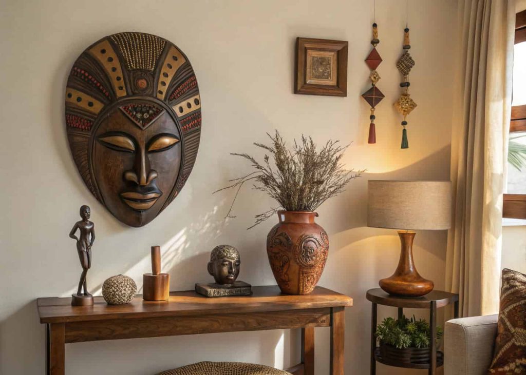 A home decor corner featuring hand-carved African wooden mask, bronze figurine, and terracotta vase styled in a warm Afrohemian interior.