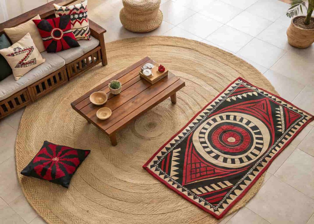 Layered African tribal rugs on a jute base rug in a warm Afrohemian living room with wooden furniture and floor cushions.
