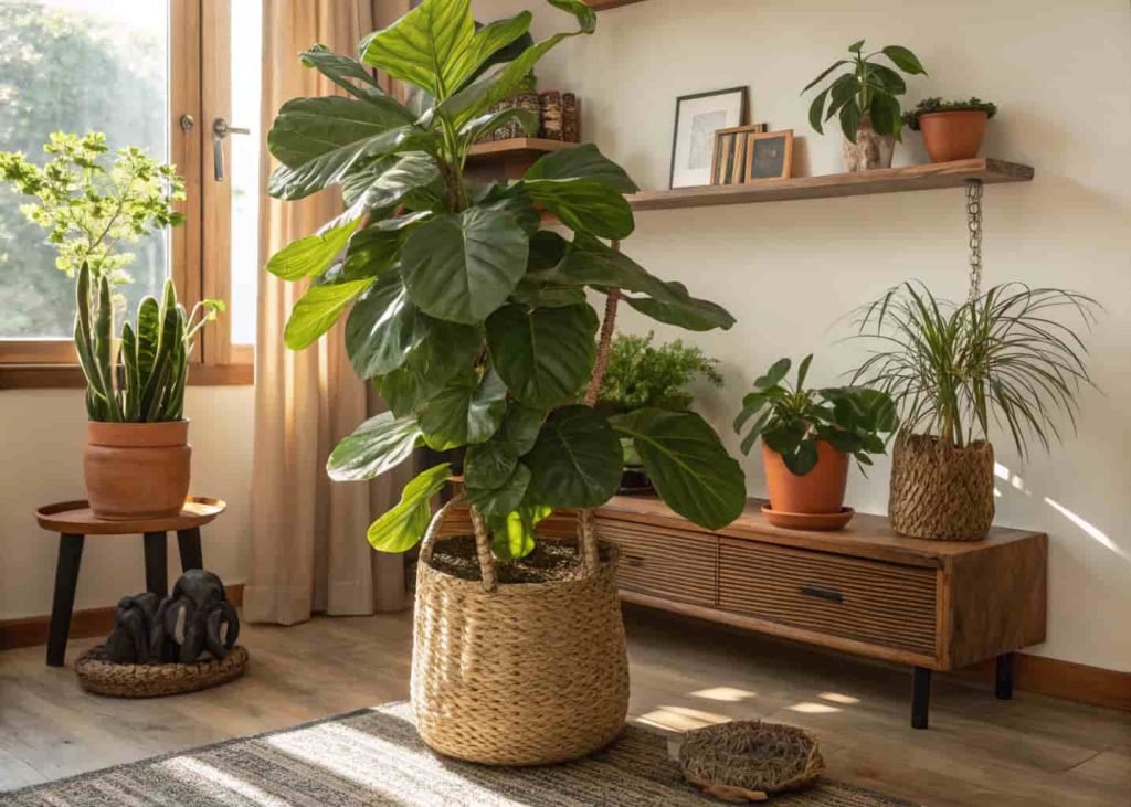 A lush Afrohemian plant corner featuring fiddle leaf fig, pothos, elephant ear, and snake plants in woven and terracotta planters with warm natural light.