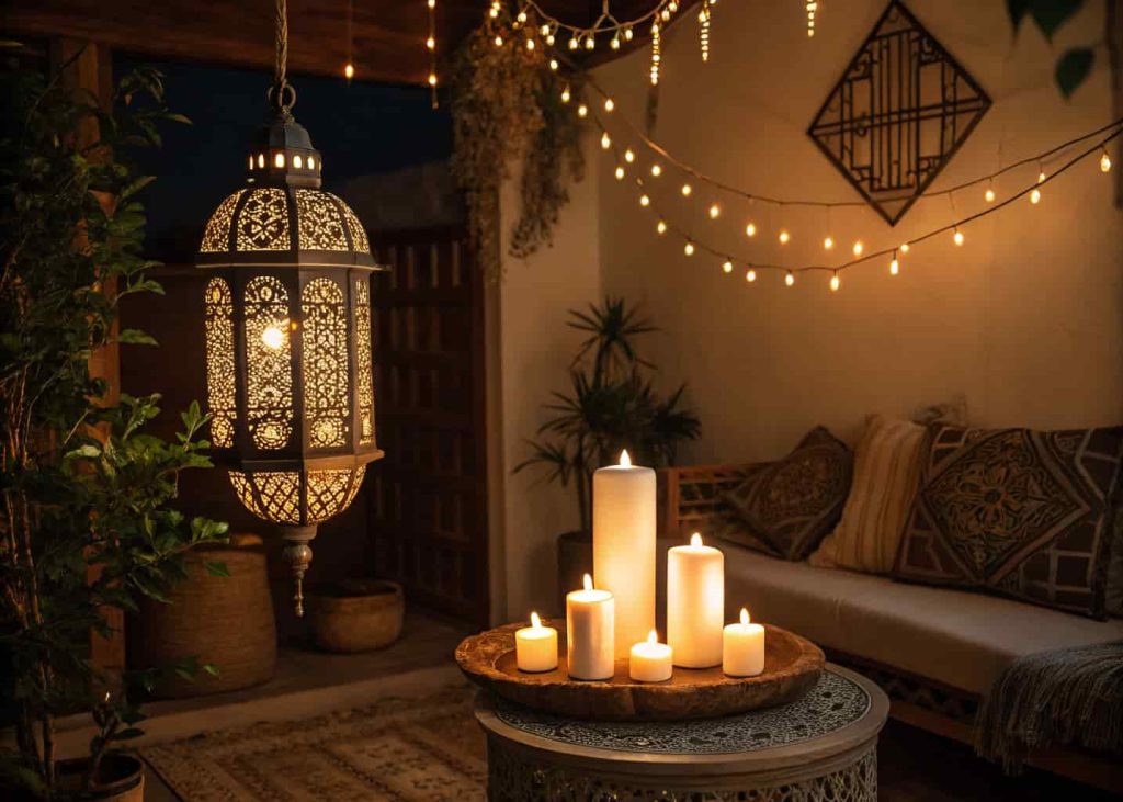 An Afrohemian living room at night lit by a Moroccan brass lantern, pillar candles on a wooden tray, and warm amber string lights on a rattan shelf.