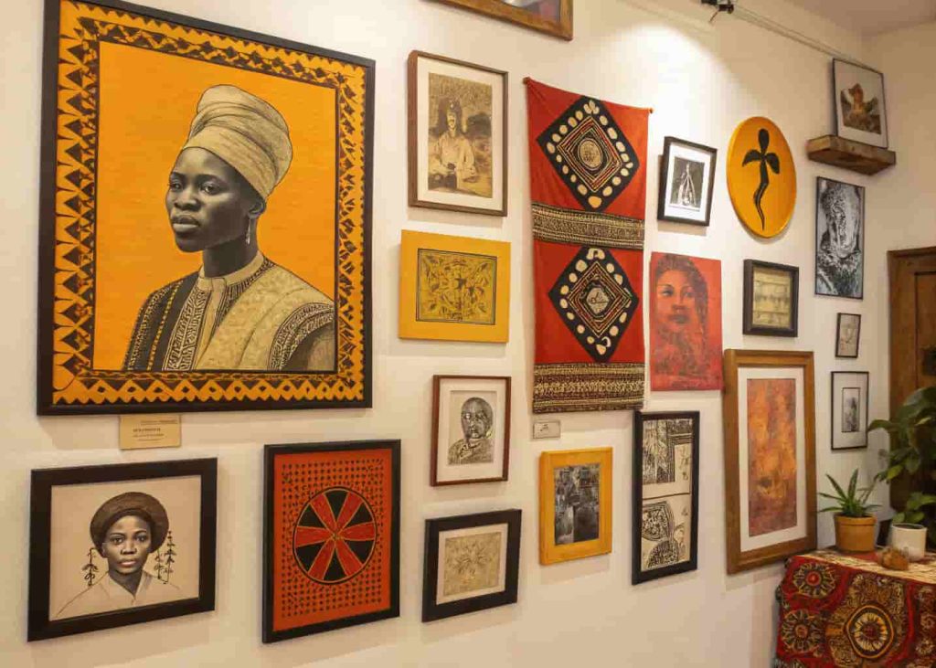 An Afrohemian gallery wall with mixed African portrait art, sepia photographs, Adinkra prints, and bold paintings in a salon-style arrangement on a warm wall.