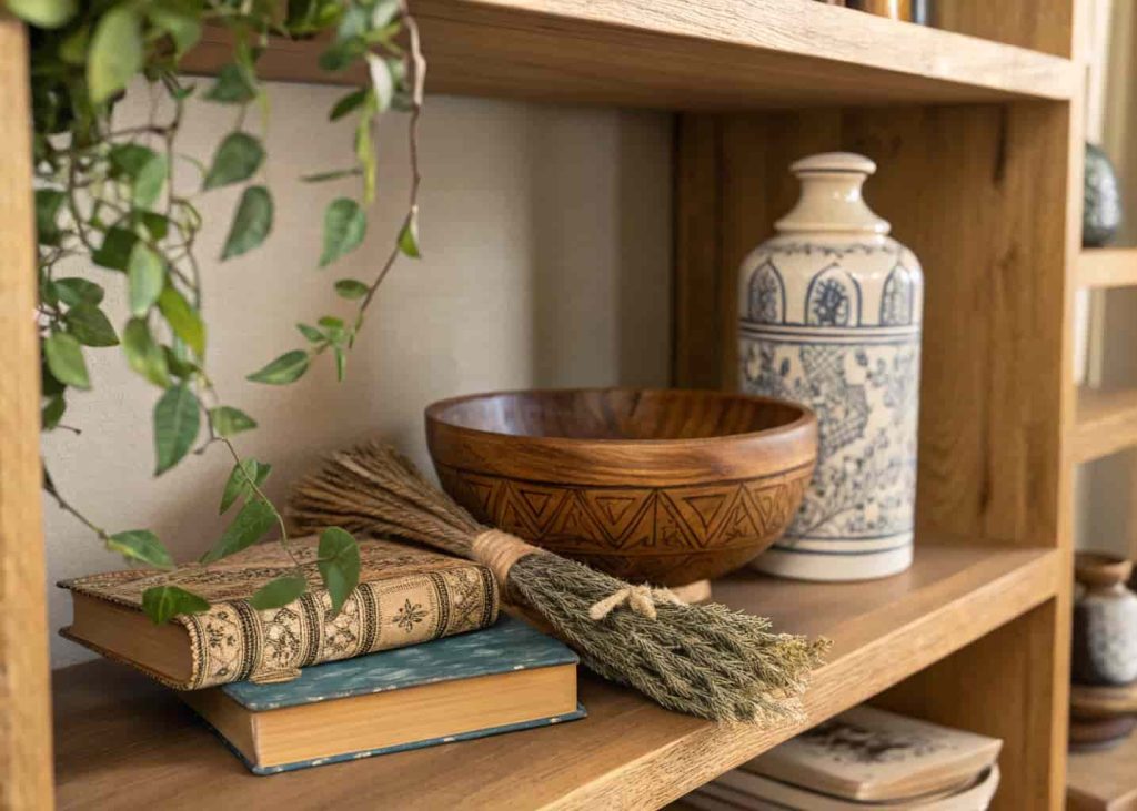 A curated Afrohemian wooden shelf styled with carved bowl, dried sage bundle, vintage books, ceramic jar, and trailing green plant in warm ambient light.