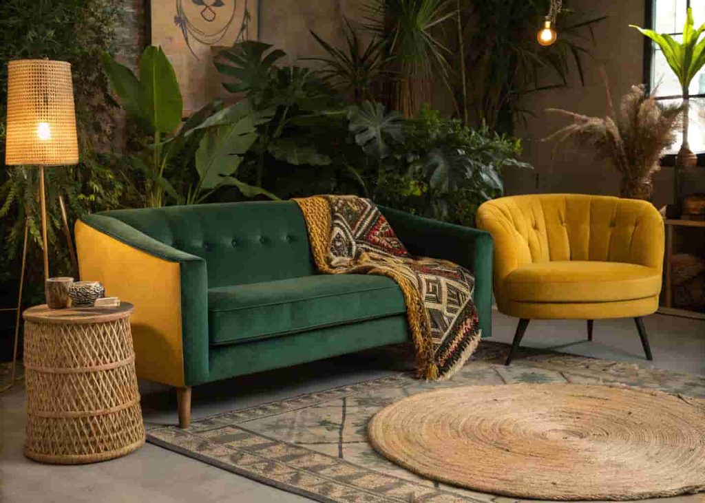 A richly styled Afrohemian living room with deep emerald velvet sofa, mustard armchair, rattan table, and jute rug in warm ambient lighting.