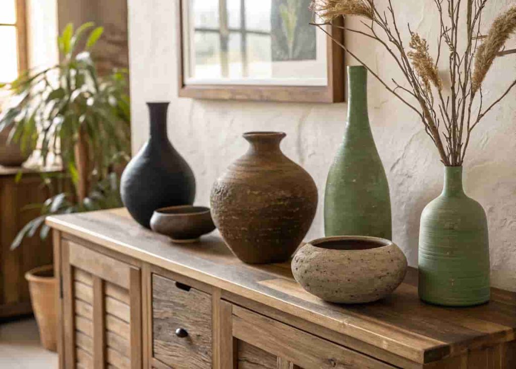A curated display of handmade African clay pots and ceramic vases in black, brown, and green tones arranged on a warm wooden sideboard.