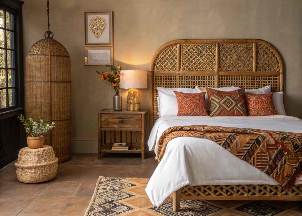 A luxurious Afrohemian bedroom with rattan headboard, layered Ankara and Kuba cloth textiles, carved wooden furniture, and warm brass lighting creating a sanctuary atmosphere.