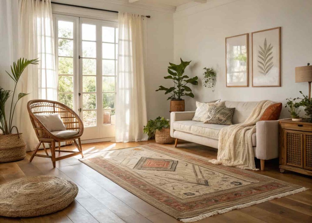 Layered jute rugs in a cozy minimal living room with rattan furniture and warm wood floors