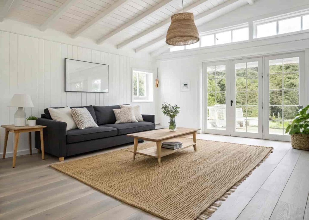 Neutral sisal rug in a bright modern living room with minimalist furniture and white walls
