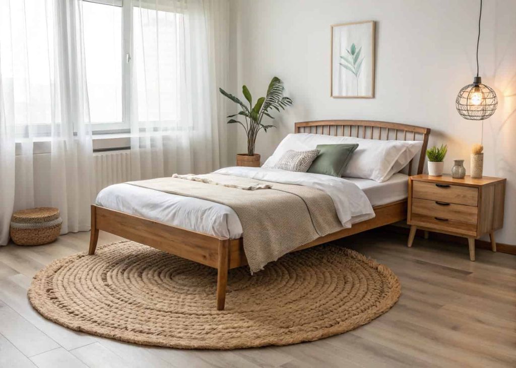Round natural jute rug in a small minimal bedroom with white bedding and wooden furniture