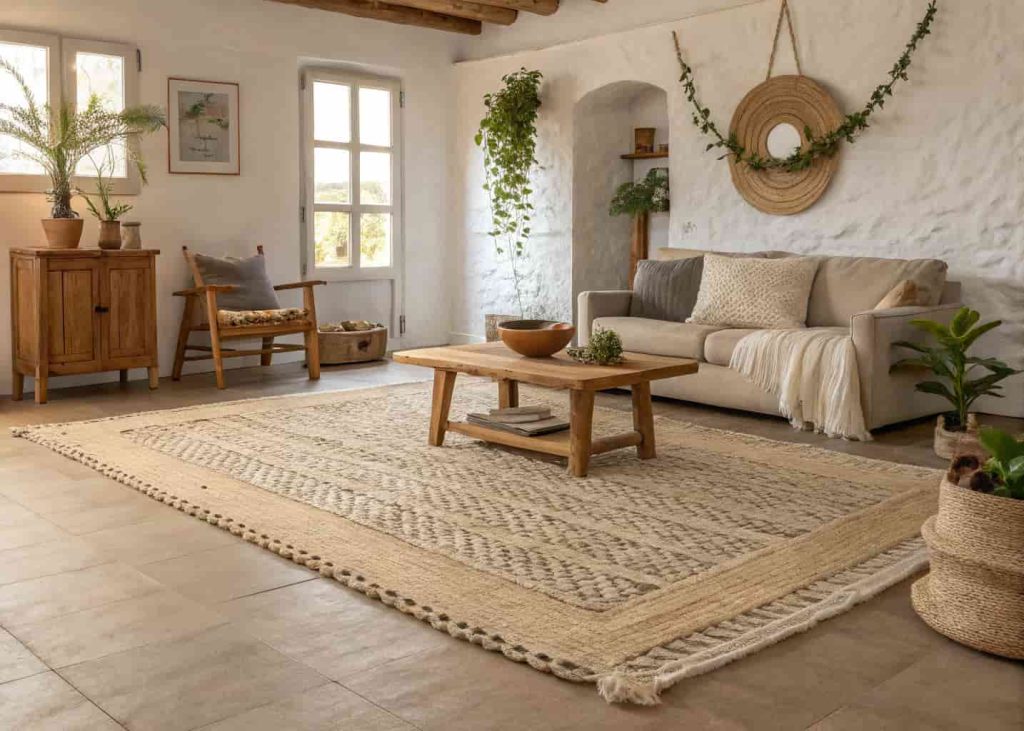 Chunky woven natural fiber rug in a warm minimal living room with cream tones and wooden furniture