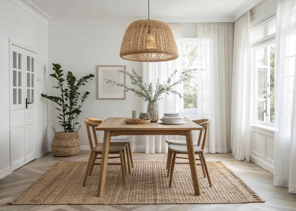 Seagrass rug styled under a light wood dining table in a Scandinavian-inspired minimal dining room