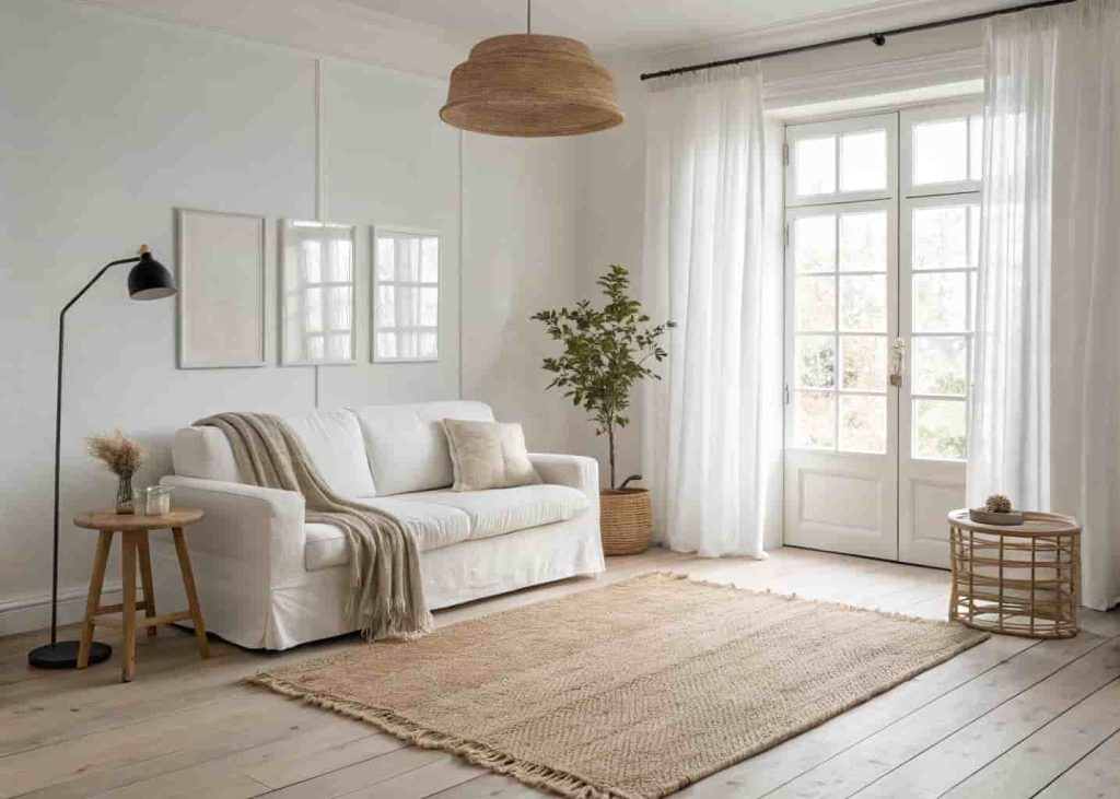 Soft beige natural fiber rug in a minimal Scandinavian living room with white walls and light wood floors
