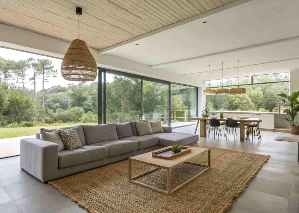 Oversized natural jute rug anchoring an open floor plan living room with sectional sofa and large windows