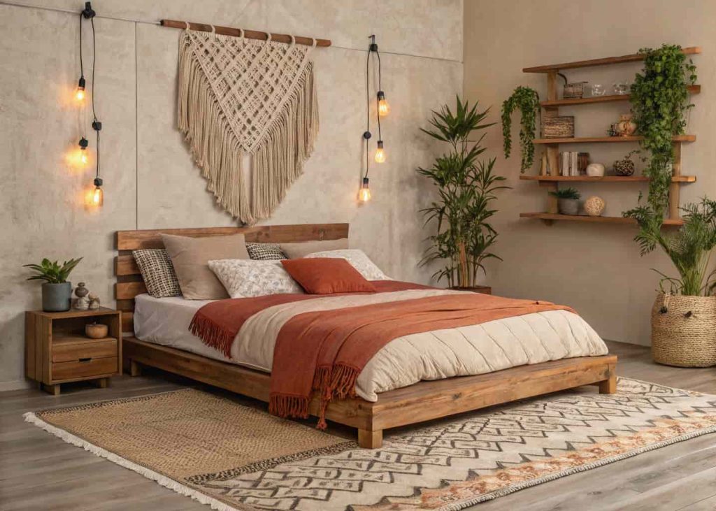 Natural jute rug with geometric border in a boho minimal bedroom with earthy tones and macramé decor