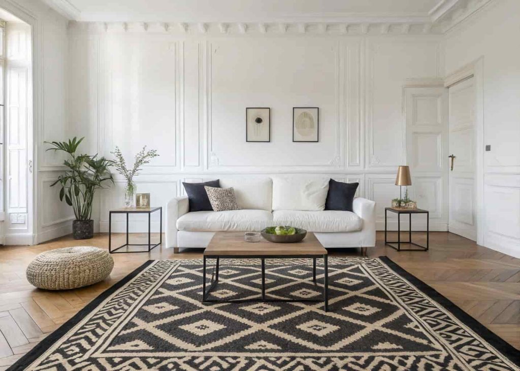 Black and natural geometric patterned rug in a modern minimal living room with white sofa and concrete accents