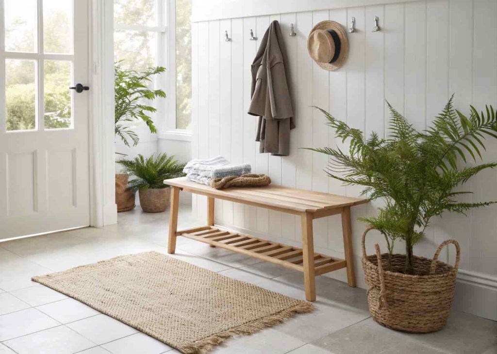 Natural sisal runner rug in a minimal entryway with wooden bench, coat hooks, and potted fern