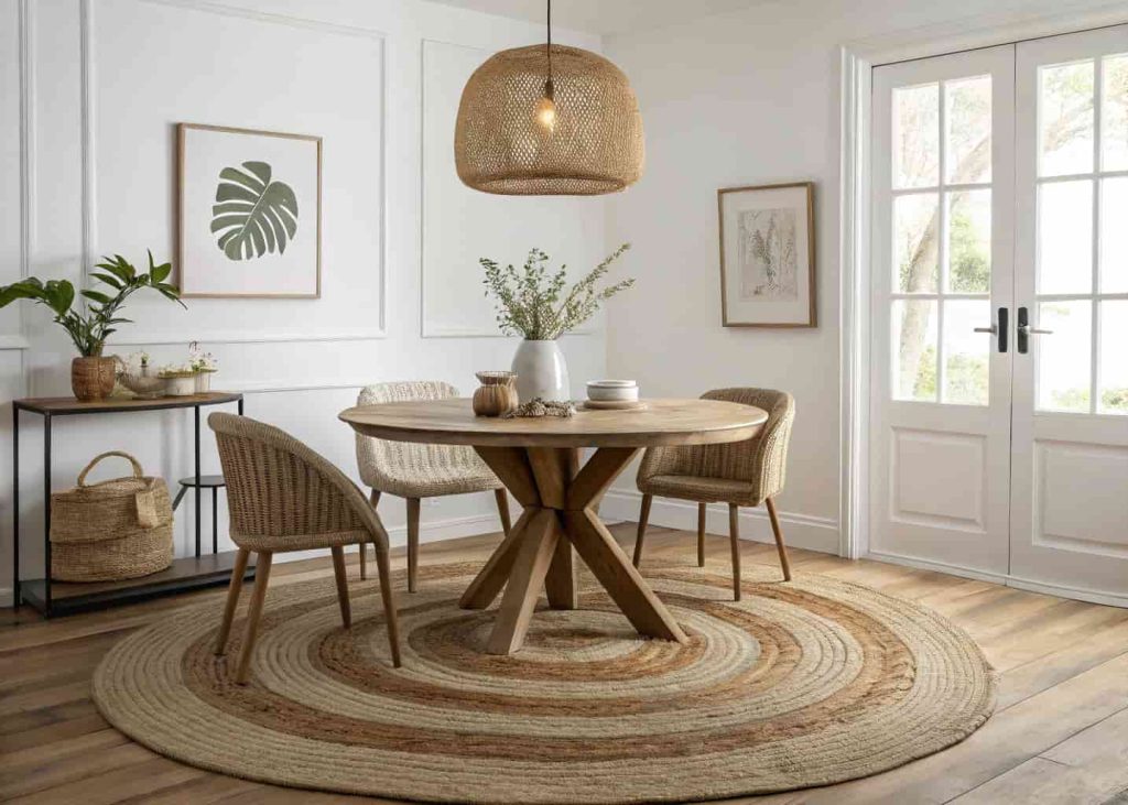 Layered jute and flat-weave rug under a round wooden dining table in a minimal earthy dining room