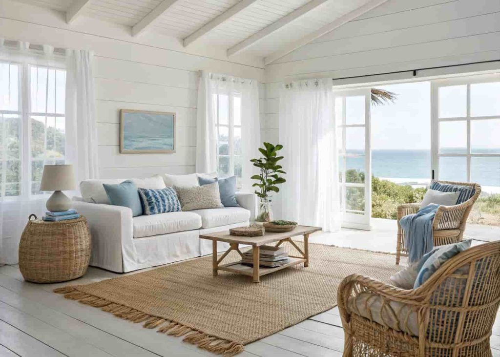 Natural seagrass rug in a coastal style living room with white linen furniture, rattan chairs, and sheer curtains
