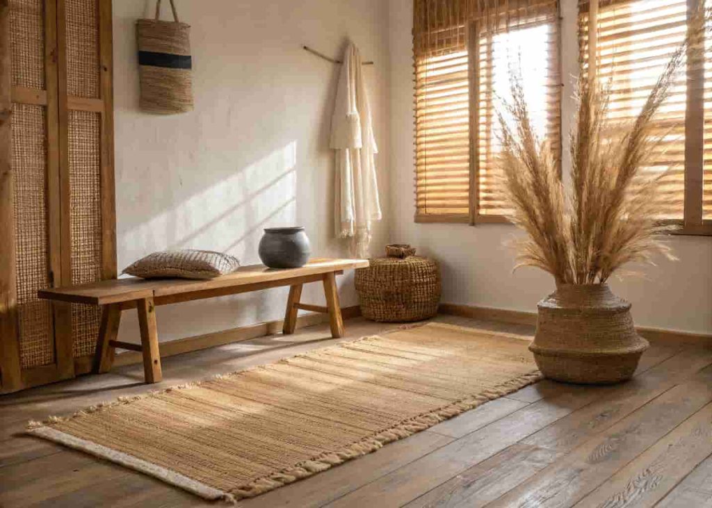 Handwoven natural jute rug in an organic home interior with clay pottery, dried botanicals, and raw wood furniture