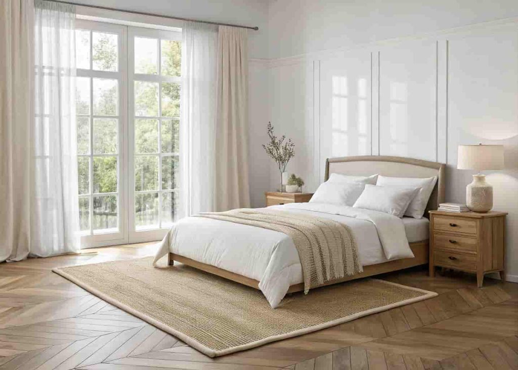 Simple neutral natural fiber rug in a calm minimal bedroom with white bedding and soft morning light