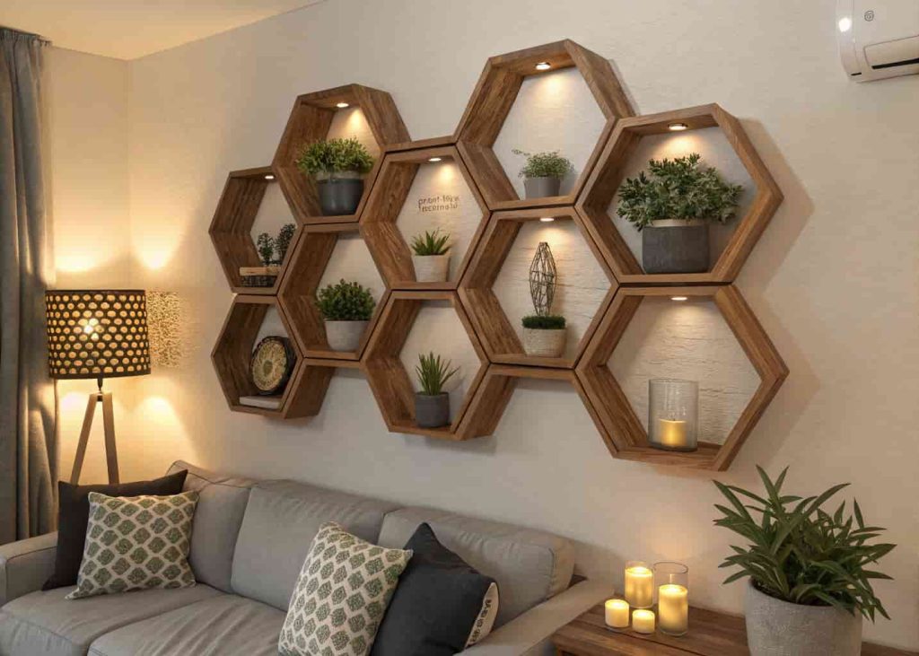 Hexagon wooden shelves arranged in a honeycomb cluster on a neutral living room wall, decorated with succulents, candles, and small sculptures above a modern sofa.