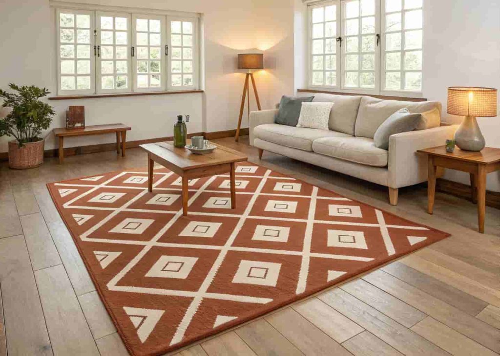 A modern living room anchored by a large geometric diamond-pattern rug in terracotta and cream, with mid-century modern furniture and warm natural lighting.