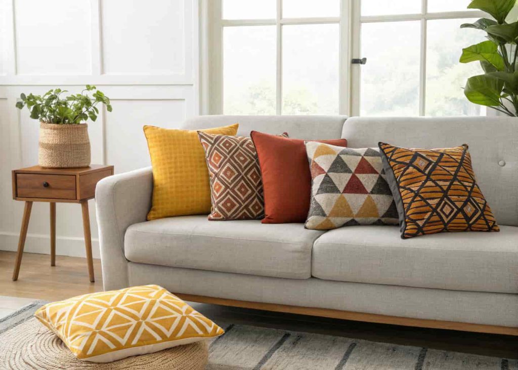 A grey linen sofa decorated with mixed geometric throw pillows in mustard, rust, and charcoal tones including triangle, diamond, and chevron patterns.