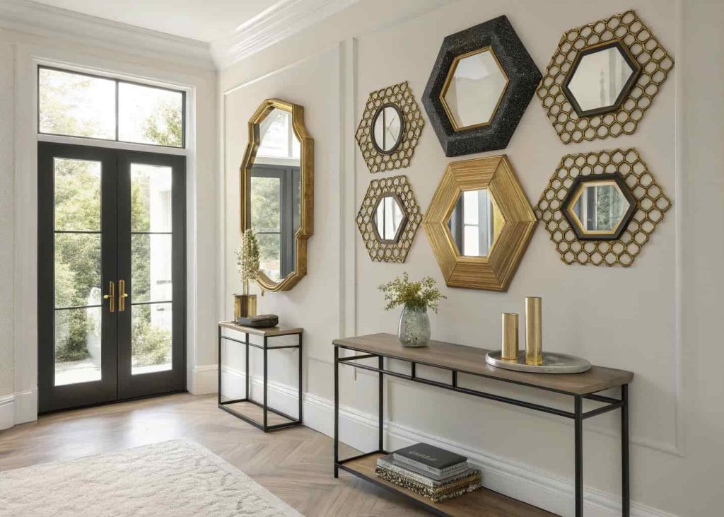 A hallway wall featuring a cluster of hexagonal and geometric mirrors in antique gold and matte black frames with light reflecting off the surfaces above a slim console table.