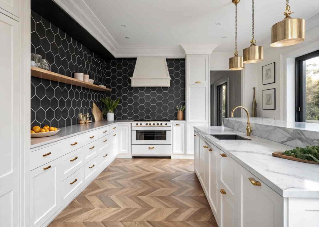 A modern kitchen featuring a glossy black hexagonal tile backsplash, herringbone floor tiles, white cabinetry, and brass fixtures in a clean, sophisticated interior.